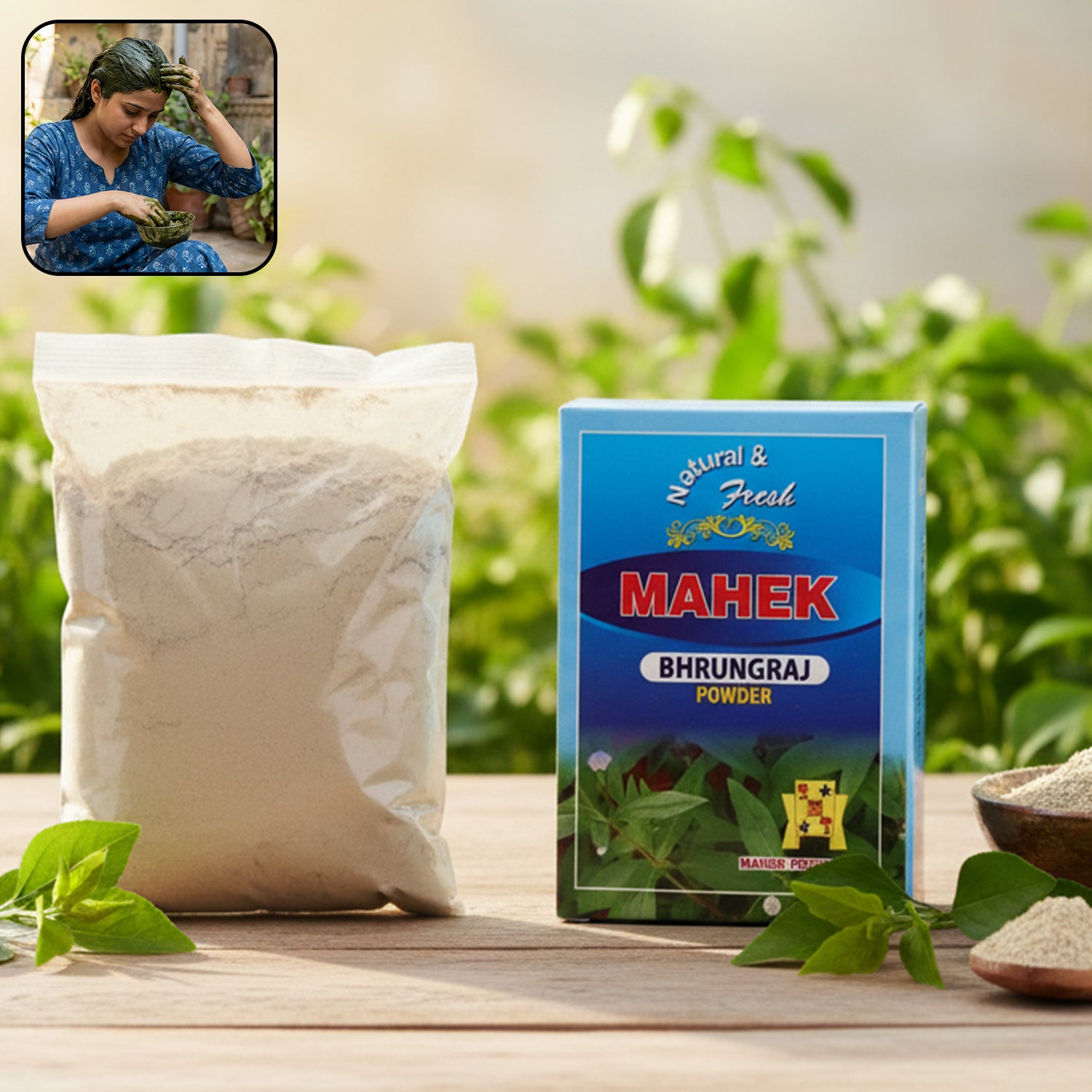Wukusy Natural Bhringraj Powder for traditional hair care, 80g, showing the green powder in a glass jar with a wooden spoon.