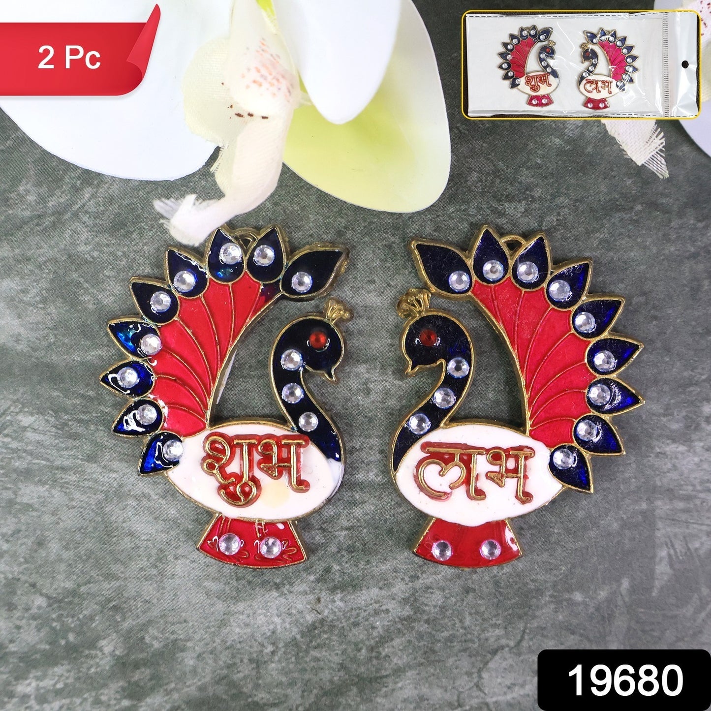 Decorative peacock design Shubh Labh wall hanging, Wukusy home decor, featuring vibrant peacock motifs for auspicious decoration.
