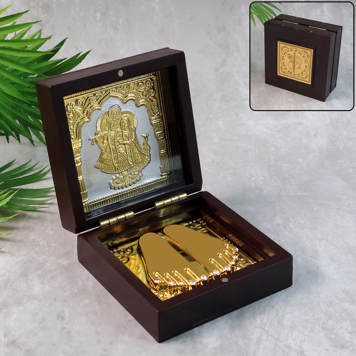 Golden Charan Paduka in wooden box, decorative home decor piece, used as spiritual gift and pooja accessory by Wukusy.