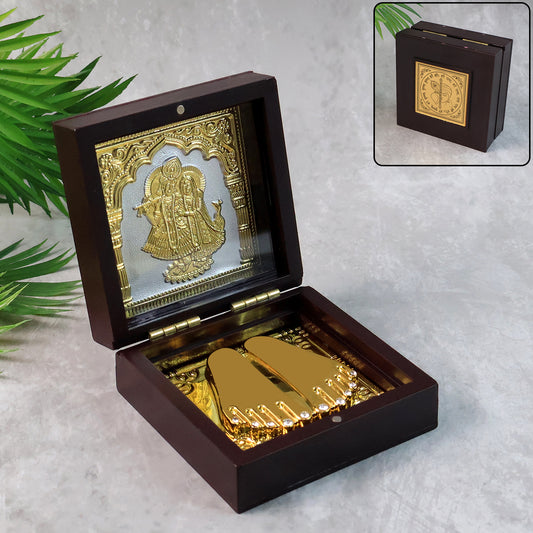 Golden Charan Paduka in wooden box, decorative home decor piece, used as spiritual gift and pooja accessory by Wukusy.