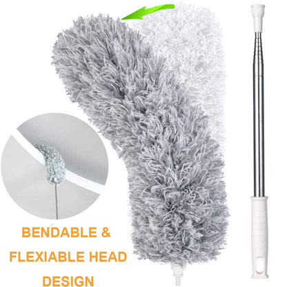 Wukusy microfiber telescoping feather duster with 100-inch extendable handle for cleaning high ceilings, fans, blinds, and cobwebs.