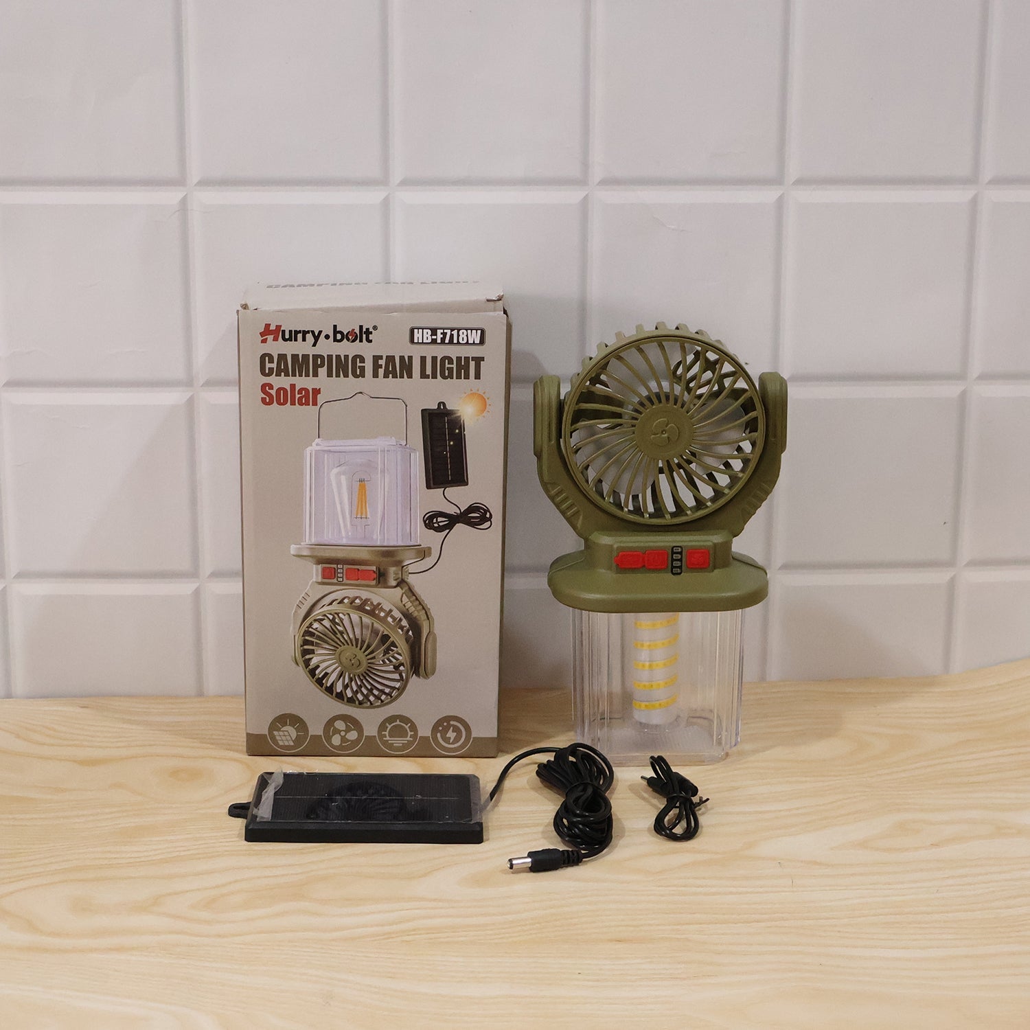 Wukusy 2-in-1 solar rechargeable camping fan with LED lantern, portable and lightweight for outdoor camping and outdoor activities.