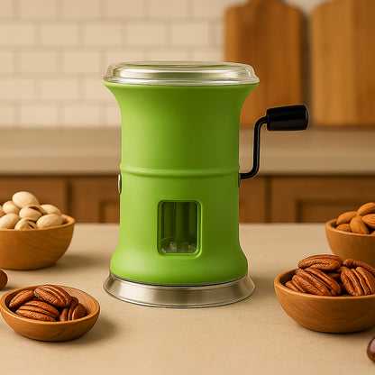 Wukusy Apex Ovel manual chilly dry fruit cutter and grinder with stainless steel blades on a kitchen countertop.