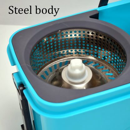 Wukusy Quick Spin Mop with plastic bucket and wheels for easy floor cleaning and spinning mop head in a home improvement setting.