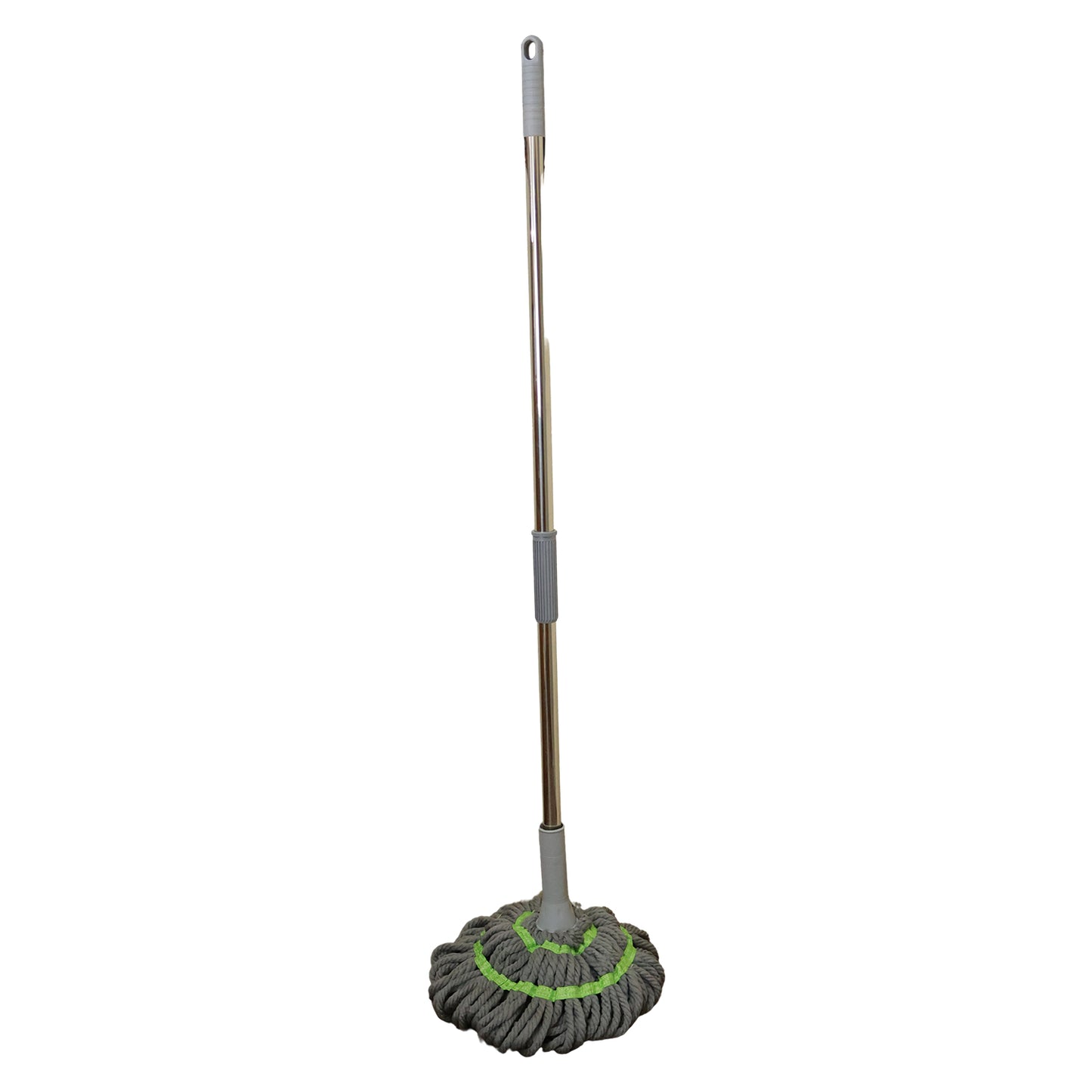 Wukusy 360 spin mop for floor cleaning with adjustable handle and microfiber mop head, displayed on a clean tiled floor.