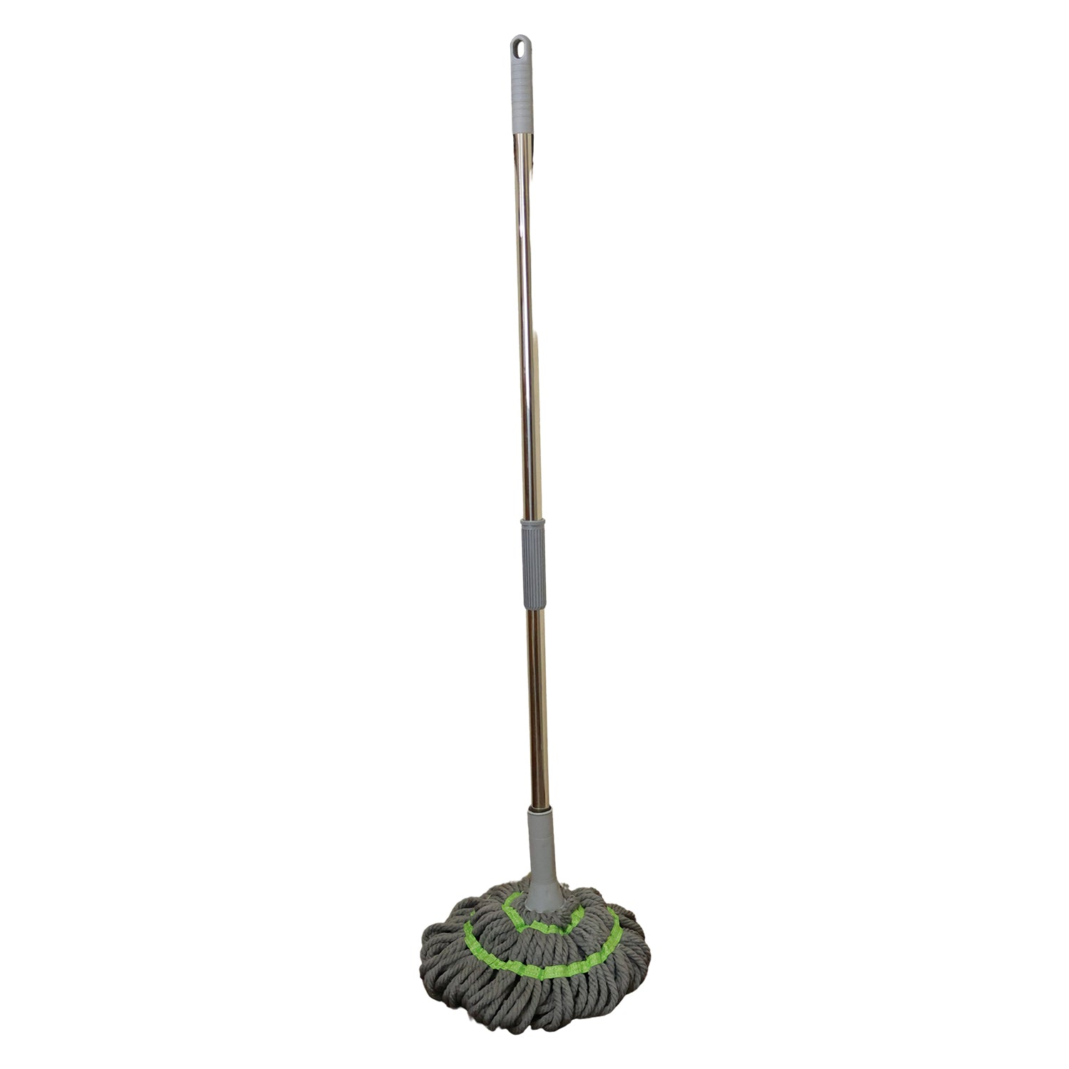 Wukusy 360 spin mop for floor cleaning with adjustable handle and microfiber mop head, displayed on a clean tiled floor.