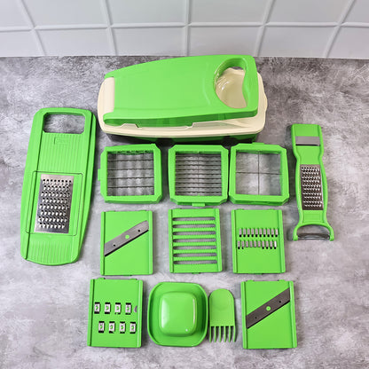 Wukusy Supermom 14-in-1 Nicer Dicer vegetable and fruit chopper with multiple blades for easy food prep.