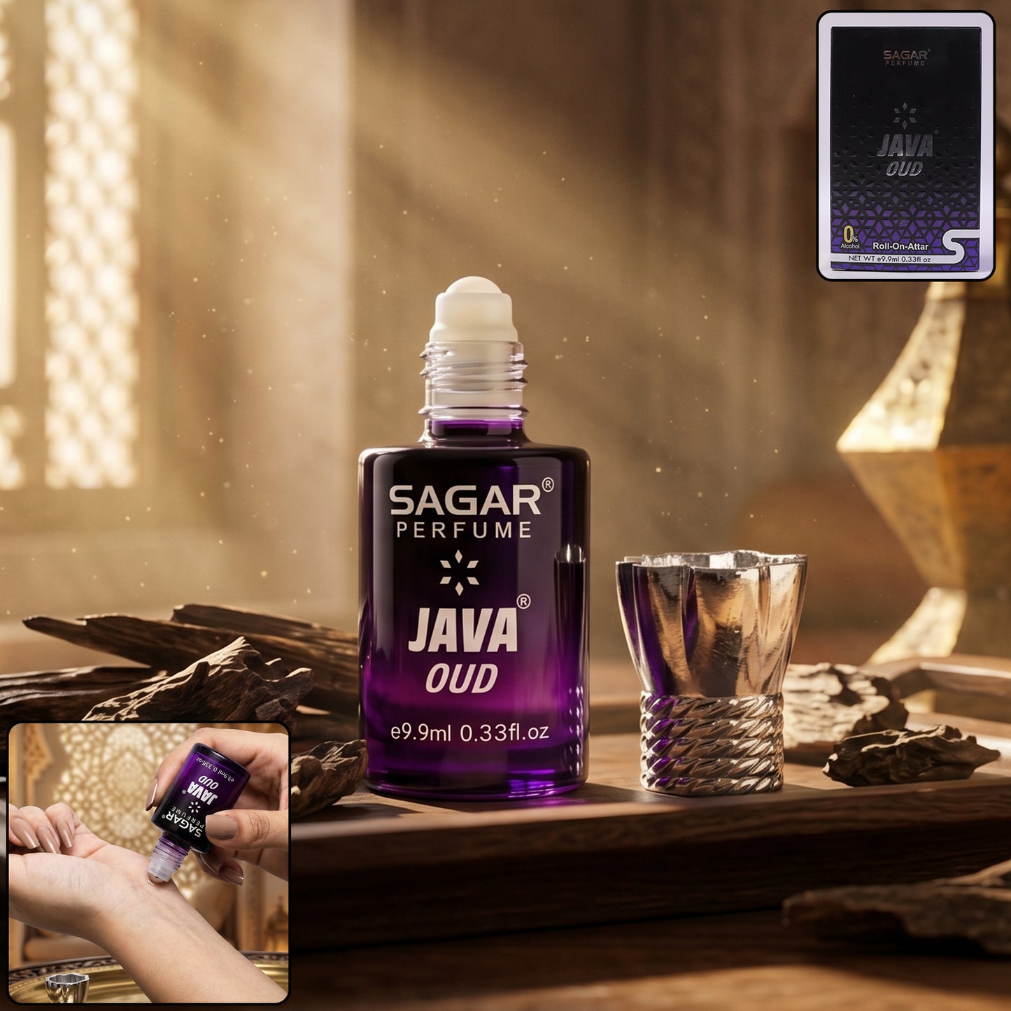 Wukusy Sagar Java Oud roll-on perfume oil in 9.9ml bottle, alcohol-free fragrance for men and women, featuring rich oud aroma.