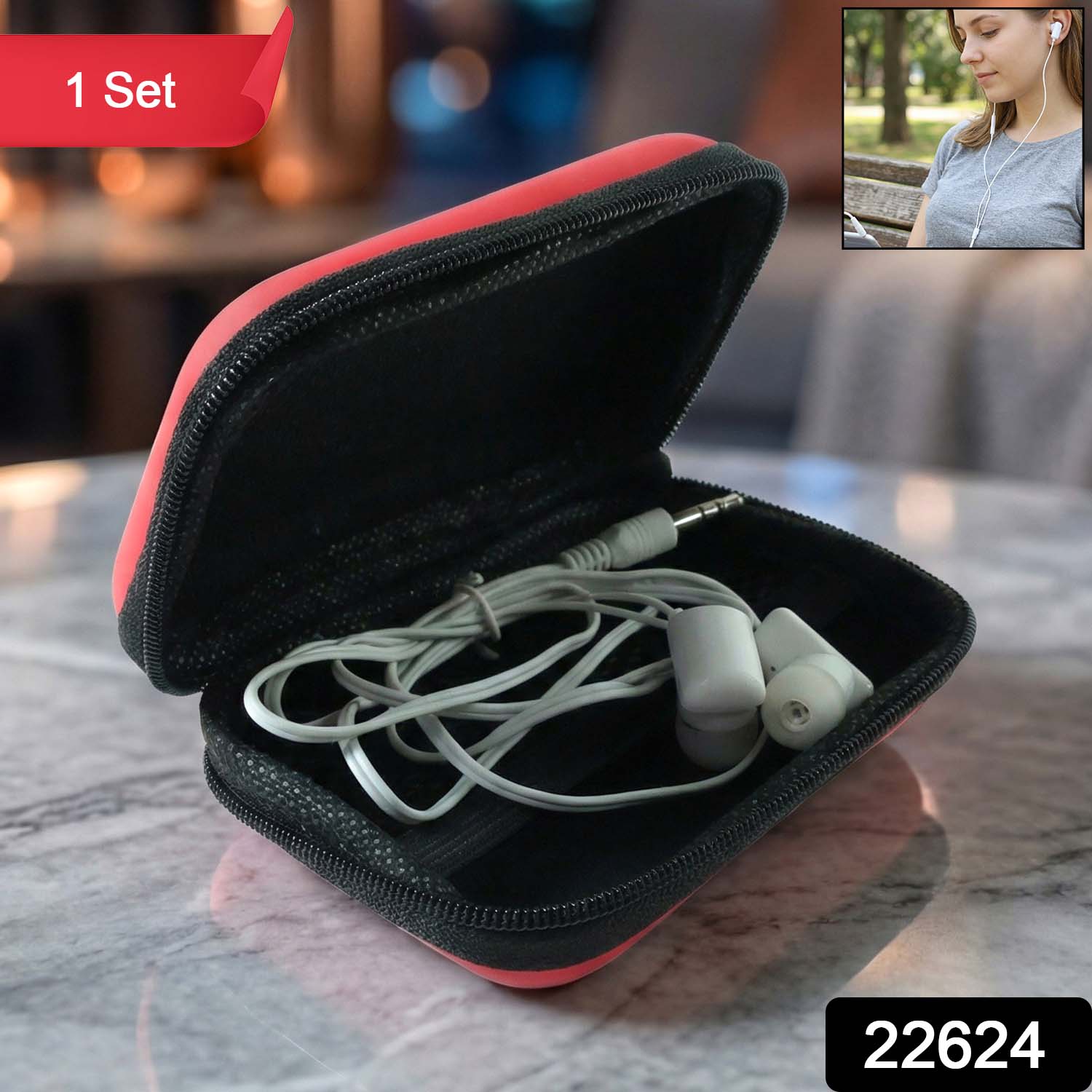 Wukusy premium wired earphones with zipper carry case, black and silver, showing the earphones and compact storage pouch.