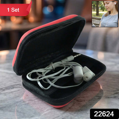 Wukusy premium wired earphones with zipper carry case, black and silver, showing the earphones and compact storage pouch.
