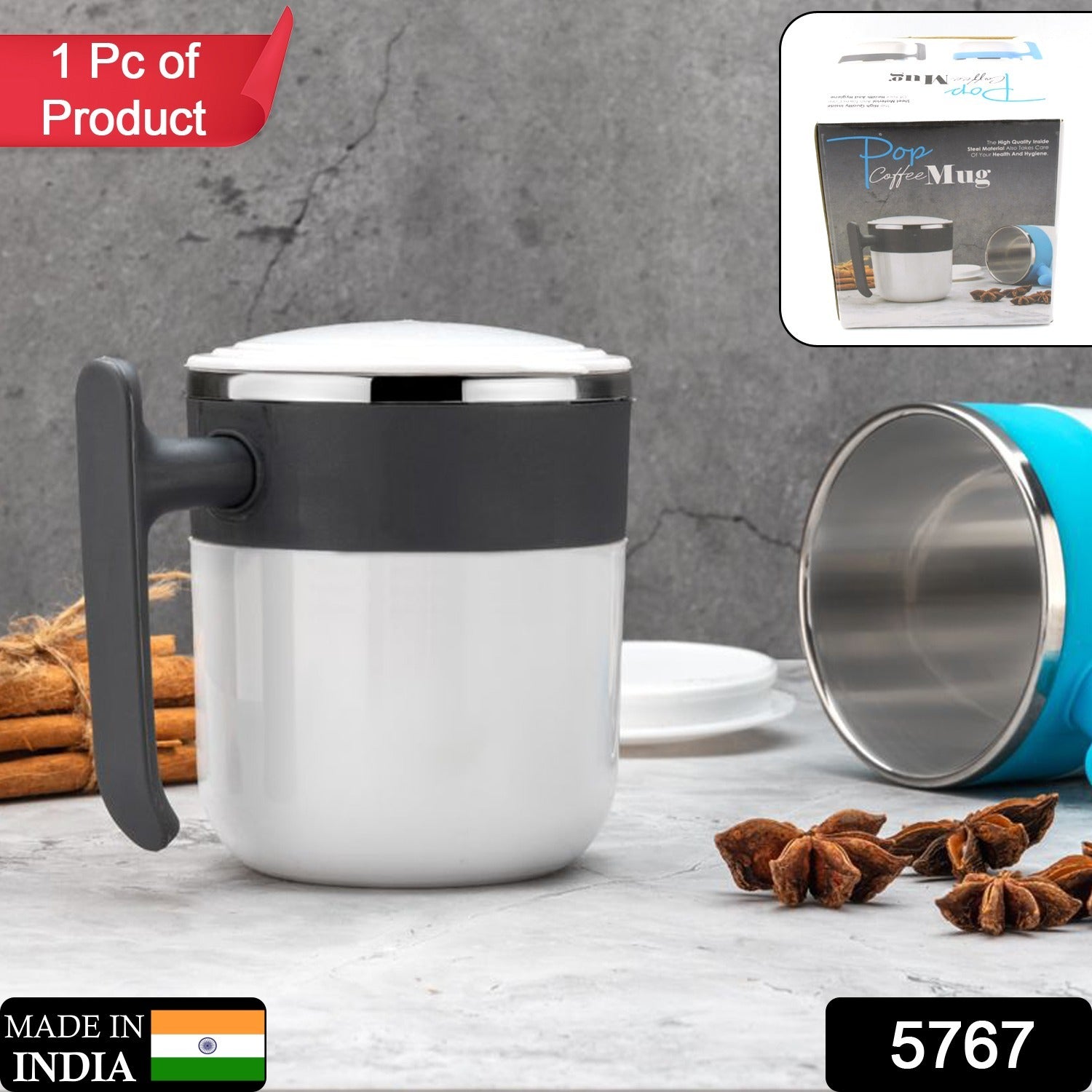 Wukusy stainless steel coffee mug with lid, double-wall insulated design, perfect for hot beverages and milk, in a home and kitchen setting.