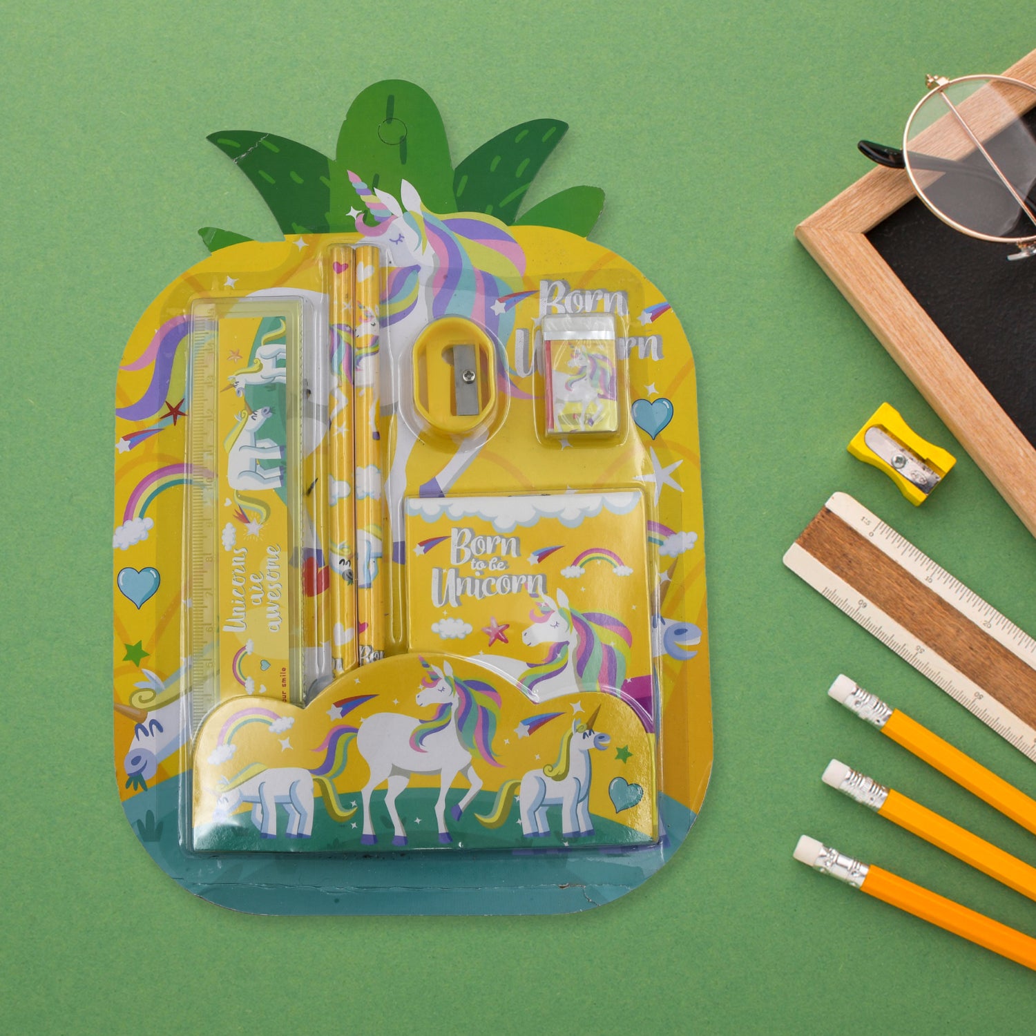 Wukusy 6-piece stationery set including pencil, ruler, rubber eraser, and pencil sharpener for school and office use