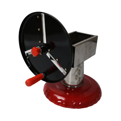 Wukusy stainless steel chips maker and vegetable slicer with iron wheel and stand for cutting potatoes and vegetables.