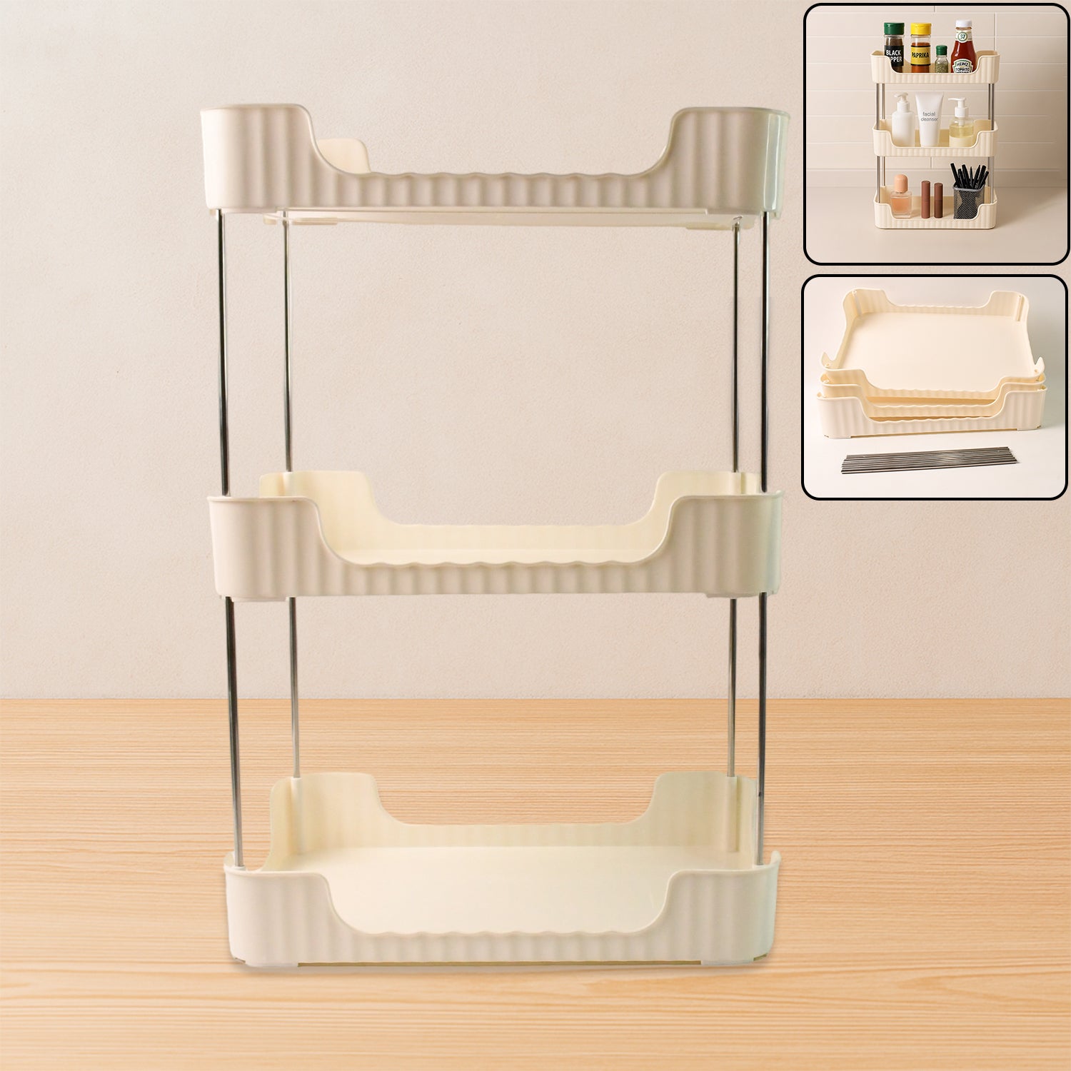 Wukusy 3-tier multipurpose storage organizer rack shelf for home and kitchen use, with three spacious metal shelves