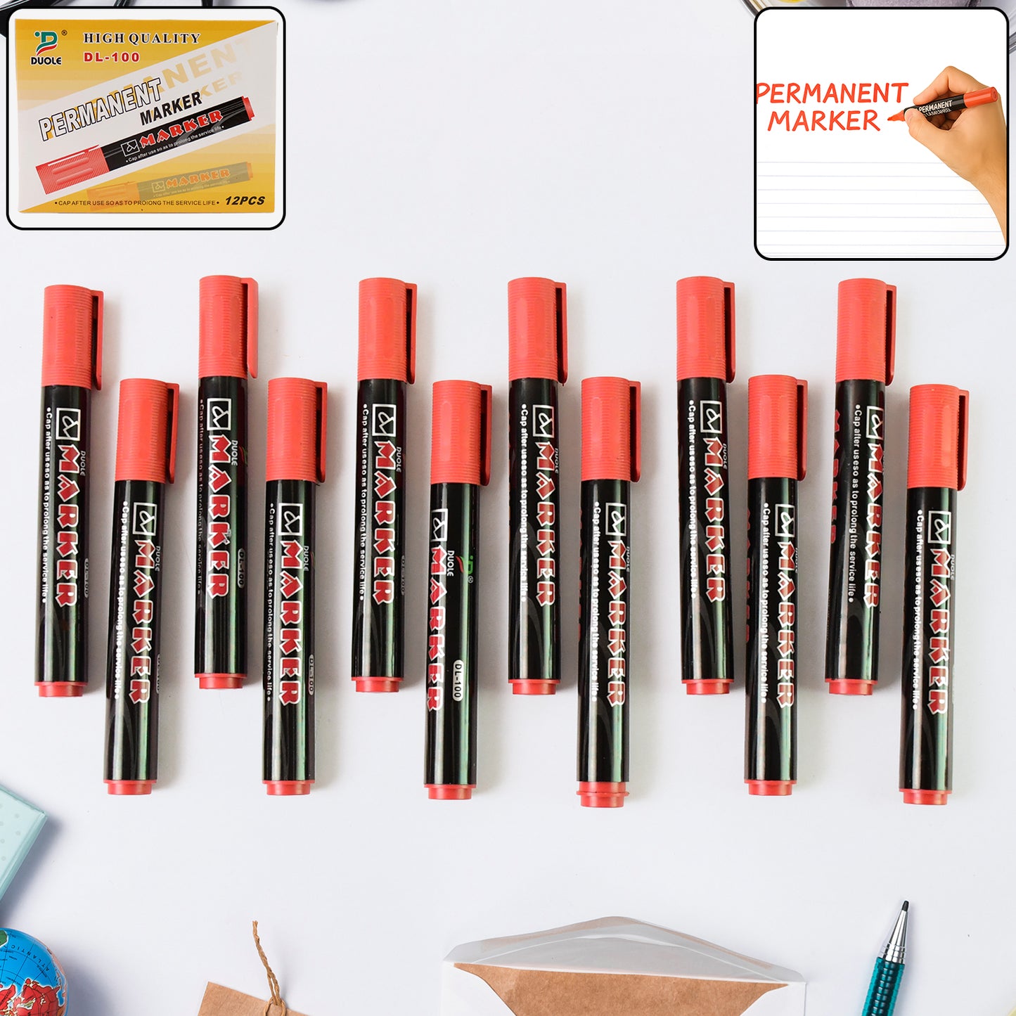 Wukusy 12-pack Premium Permanent Red Marker Pen Set for office use, featuring vibrant red ink and fine tips for precise writing.