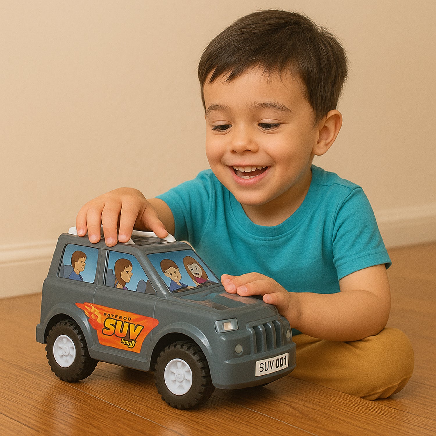 Wukusy Funwoods Kids Power SUV toy car for children, detailed plastic toy vehicle in red with black wheels.