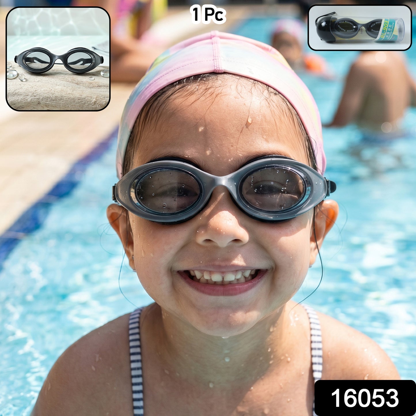 Kids UV protection swimming goggles by Wukusy with anti-fog lenses and comfortable fit, shown on a child in the water.