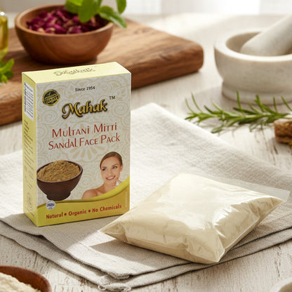 Wukusy Herbal Multani Mitti and Sandal Face Pack in an 80g jar, showcasing a natural clay and sandalwood face mask.