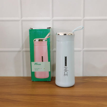 Wukusy leak-proof glass water bottle with blue lid and clear body, standing upright on a white background.