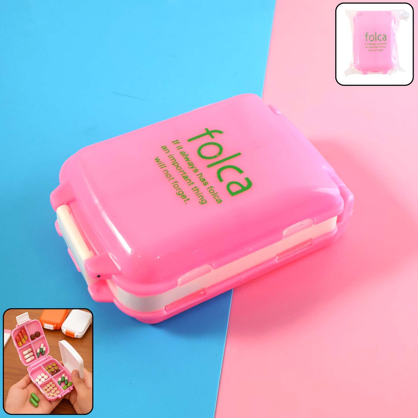Pink Wukusy portable dual-sided pill organizer box with multiple compartments for easy medication storage.