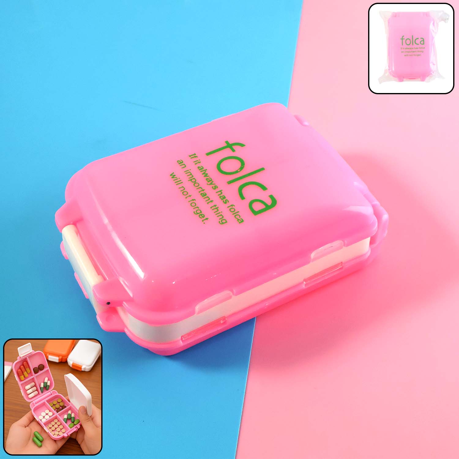 Pink Wukusy portable dual-sided pill organizer box with multiple compartments for easy medication storage.