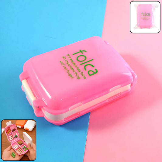 Pink Wukusy portable dual-sided pill organizer box with multiple compartments for easy medication storage.