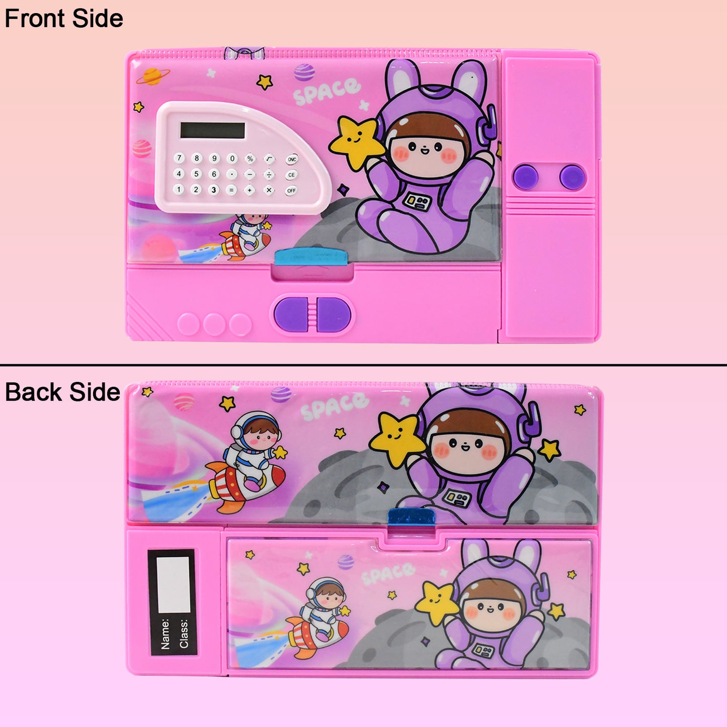 Wukusy space-themed multi-functional pencil box with built-in calculator, designed for office and school supplies.