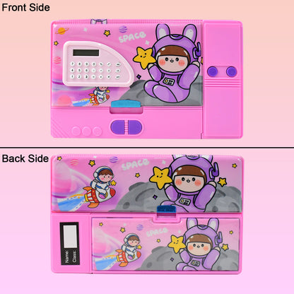 Wukusy space-themed multi-functional pencil box with built-in calculator, designed for office and school supplies.