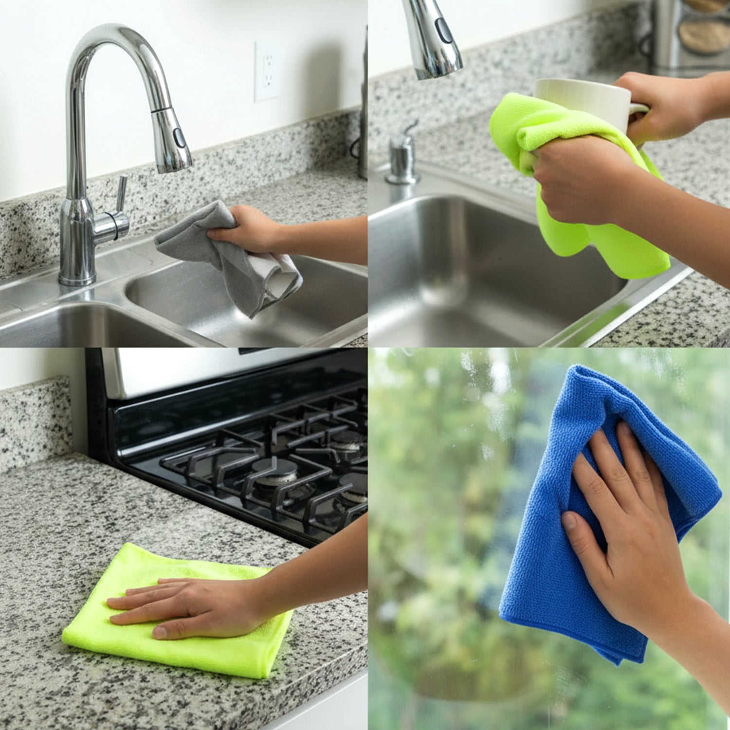 Set of four Wukusy microfiber dust cleaning cloths, soft and absorbent for effective home and surface cleaning.