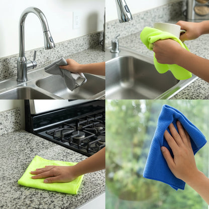 Set of four Wukusy microfiber dust cleaning cloths, soft and absorbent for effective home and surface cleaning.