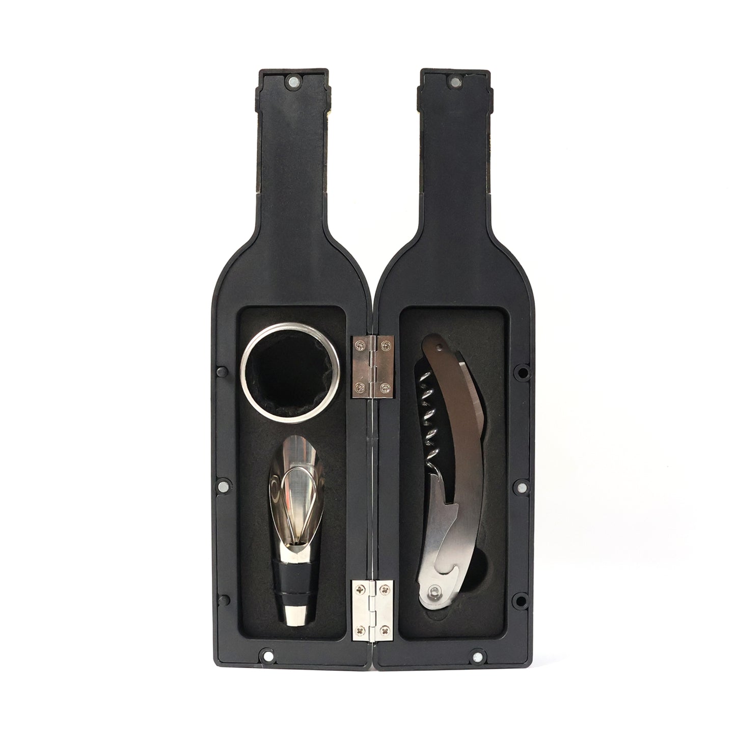 Wukusy premium wine bottle-shaped travel bar accessory gift set with cocktail tools and accessories in a sleek carrying case.