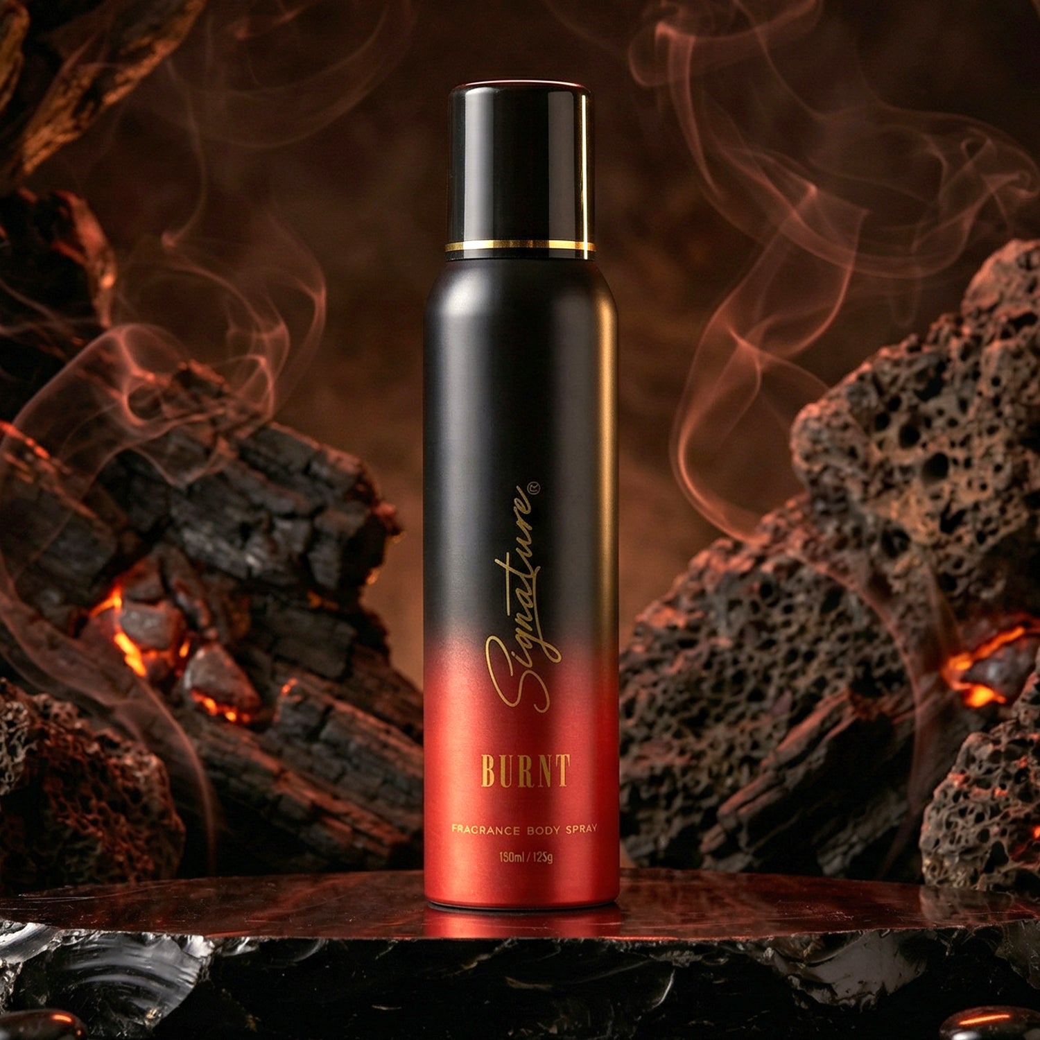 Wukusy Signature Premium Burnt Fragrance Body Spray for Men, 150ml, showing the sleek black bottle with gold accents.