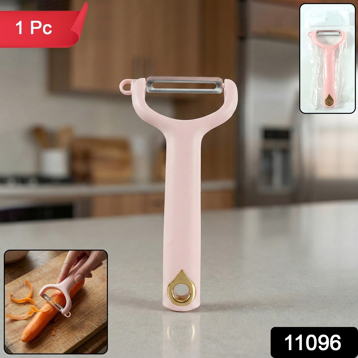 Wukusy handheld vegetable and fruit peeler with ergonomic handle and stainless steel blade for peeling apples and carrots.