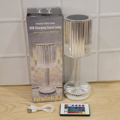 Wukusy touch control RGB crystal LED table lamp with remote, showcasing colorful illuminated crystal design on a table.