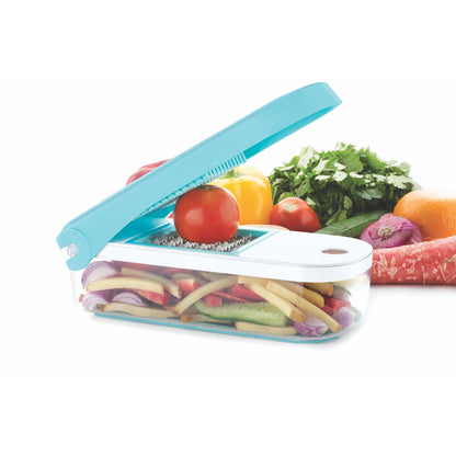 Blue Wukusy Ganesh 7-in-1 plastic vegetable dicer with multiple blades for efficient kitchen vegetable chopping.