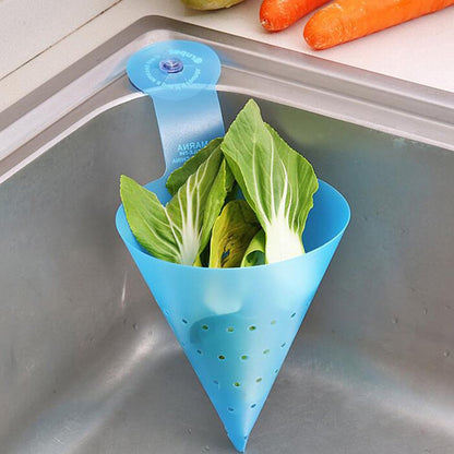 Wukusy multipurpose hanging sink corner strainer with suction cup shown in a kitchen setting, designed to catch debris and keep sink clean.