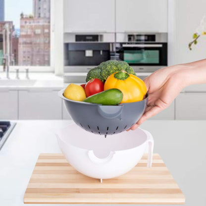 Wukusy 2-in-1 vegetable washing bowl with strainer, durable plastic kitchen tool for rinsing and draining vegetables.