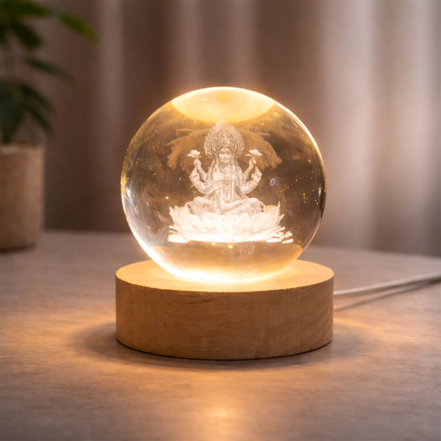 3D crystal Lakshmi ball LED night lamp with wooden base by Wukusy, featuring intricate Lakshmi design and soft ambient lighting.
