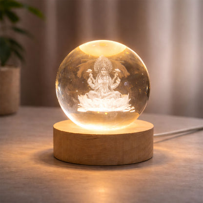 3D crystal Lakshmi ball LED night lamp with wooden base by Wukusy, featuring intricate Lakshmi design and soft ambient lighting.