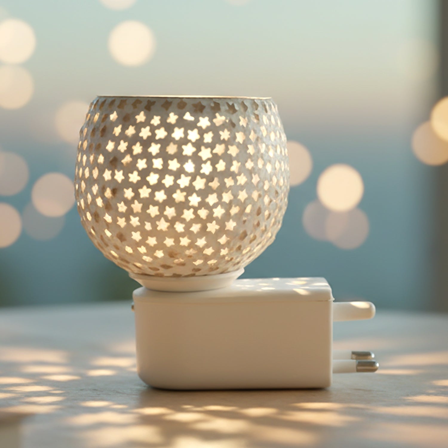 Wukusy star-shaped glass aroma diffuser night lamp with plug-in design, showcasing a sleek, illuminated star cut glass surface.