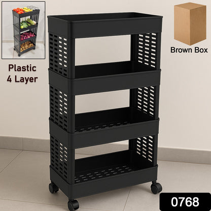 Wukusy 4-layer plastic storage rack with wheels, featuring four shelves for organizing household or garage items.