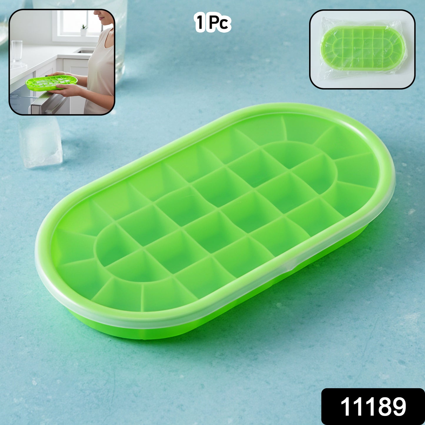 Wukusy premium oval silicone ice cube tray with lid, showing flexible silicone mold with oval ice cubes and clear lid on a white surface.
