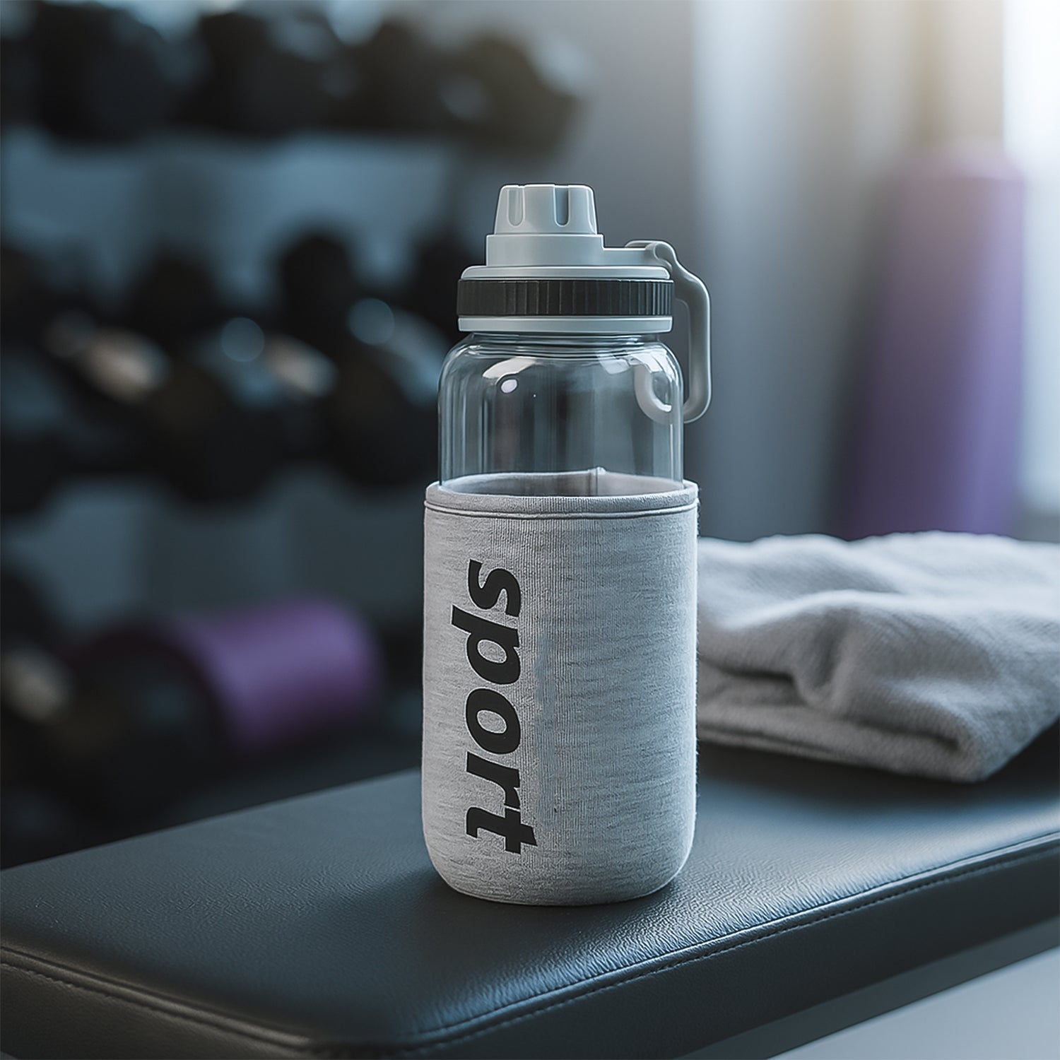 Wukusy 700ml sports water bottle with protective sleeve, clear plastic body and blue cap, ideal for active hydration.