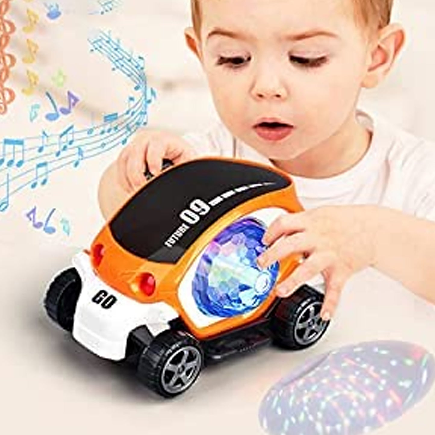 Wukusy plastic 360-degree rotating stunt car toy for kids with bump and go action, 4D lights, music, and disco ball feature.
