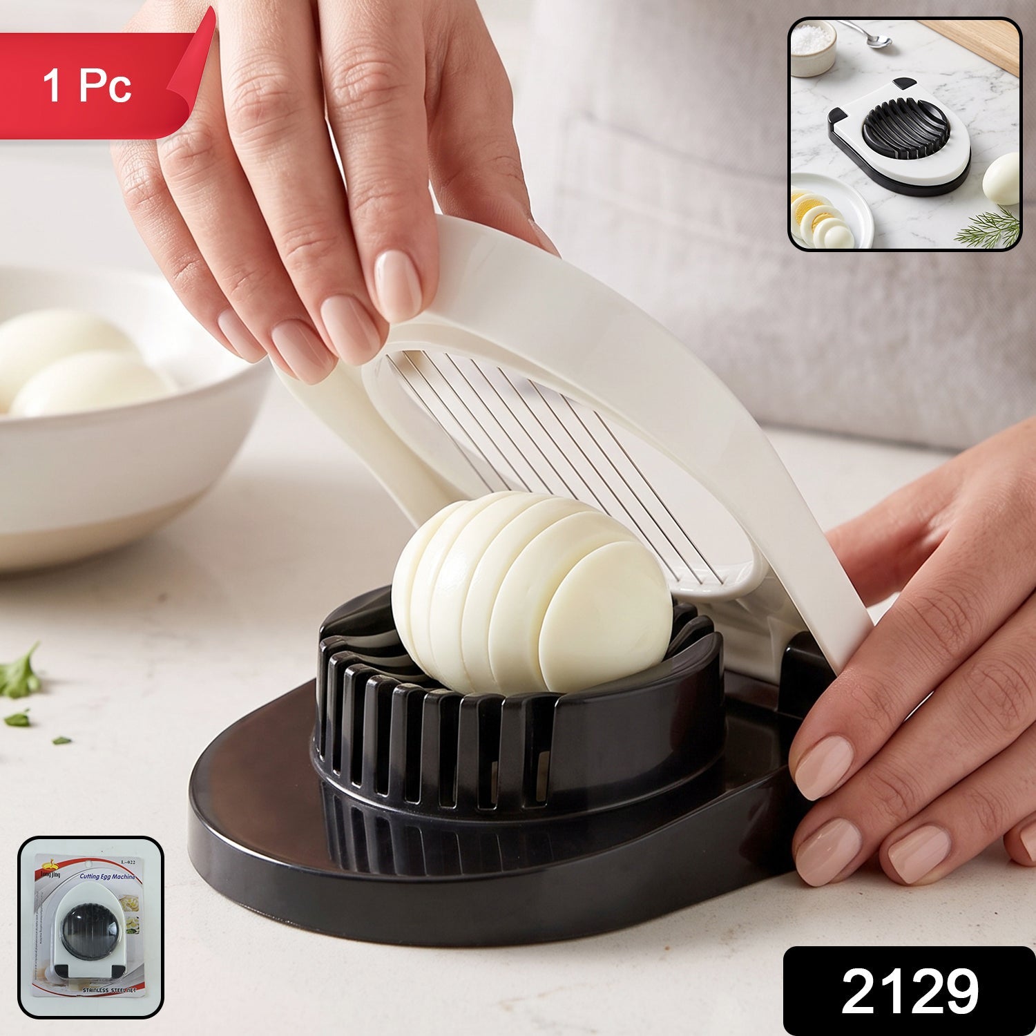 Wukusy stainless steel egg cutter slicer with wire blades, designed for neatly slicing boiled eggs in a compact kitchen tool.