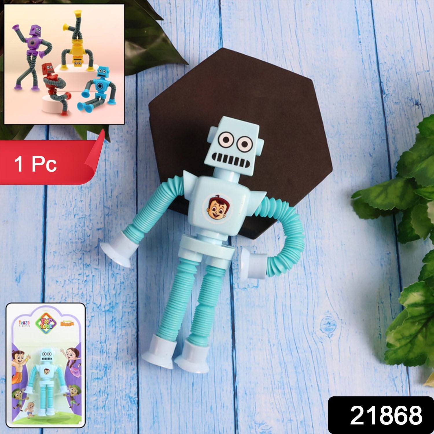Flexible robot-shaped magic spring toy by Wukusy, showcasing a colorful, bendable robot figure in mid-air motion.