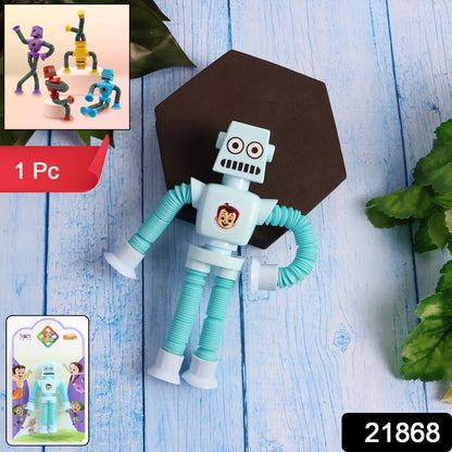 Flexible robot-shaped magic spring toy by Wukusy, showcasing a colorful, bendable robot figure in mid-air motion.