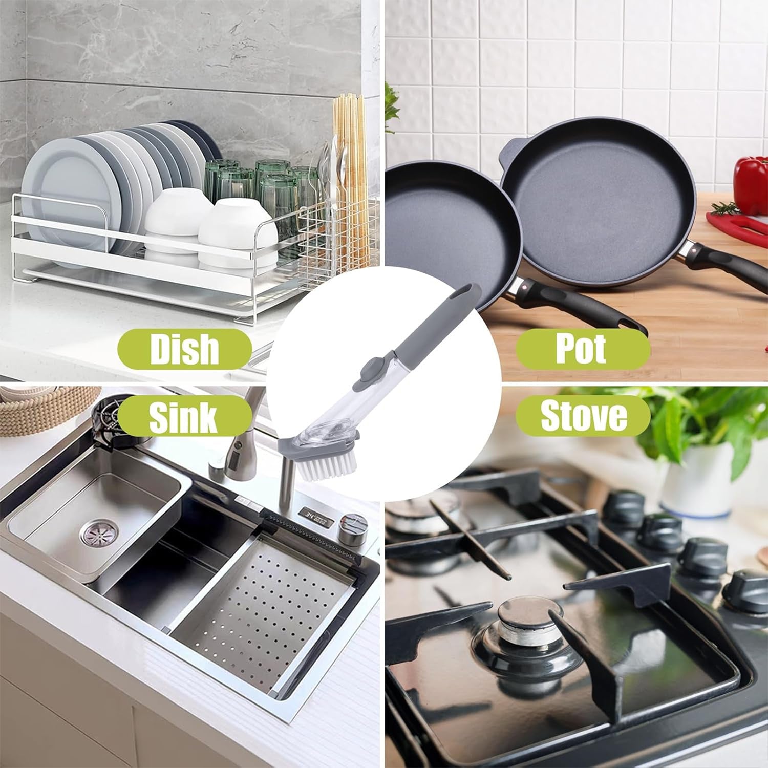 Wukusy 2-in-1 soap-dispensing dish brush set showing brush with soap dispenser and handle for kitchen cleaning.