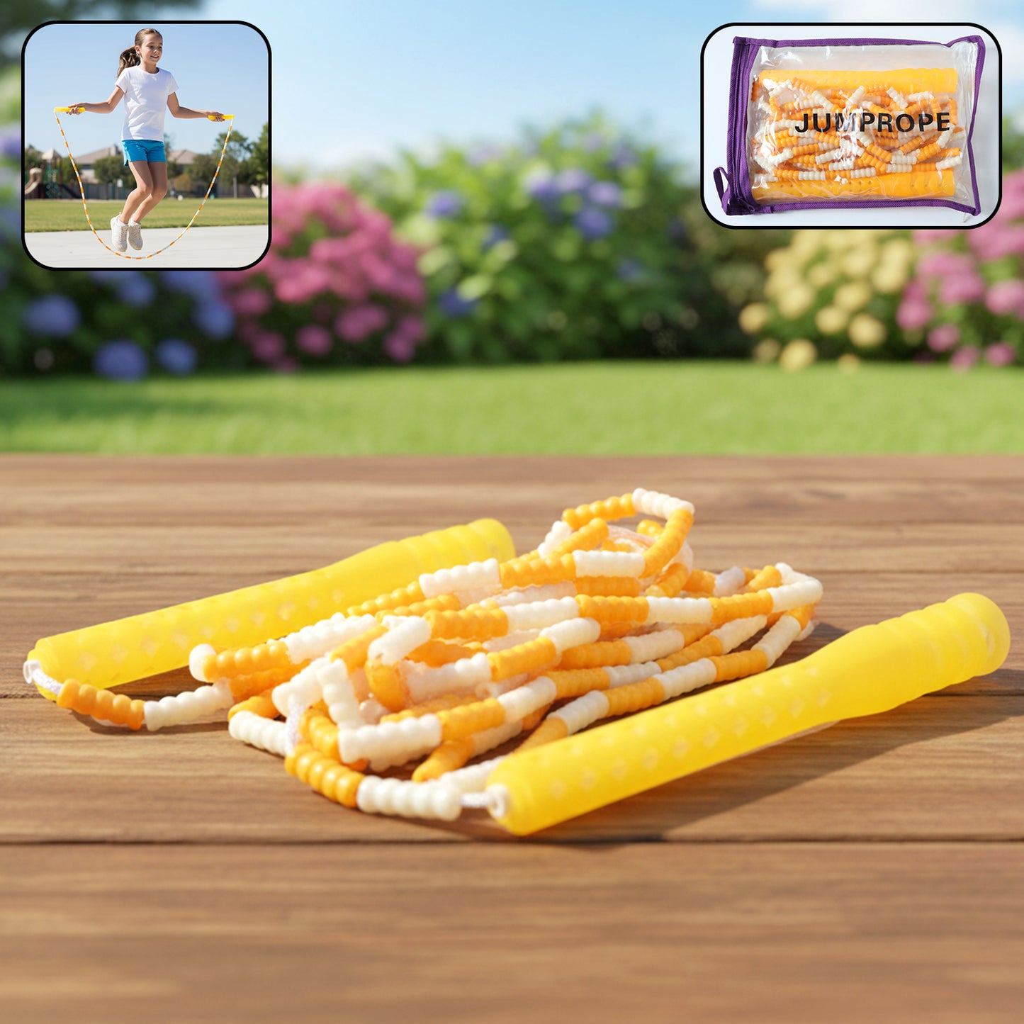 Yellow and white beaded skipping jump rope by Wukusy, showing close-up of beaded handles and colorful rope for fitness use.