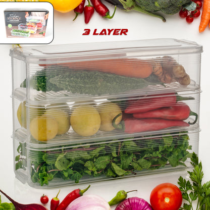 Wukusy 5595 set of 3 plastic fridge storage containers with lids, for vegetables, fruits, fish, and meat, stackable and freezer-safe